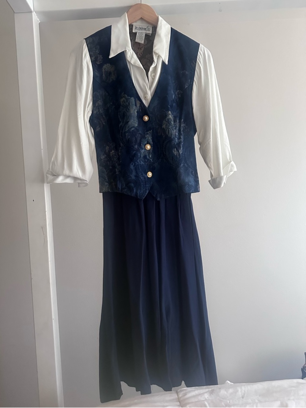 VINTAGE Navy Floral Vest and White Blouse Dress Set